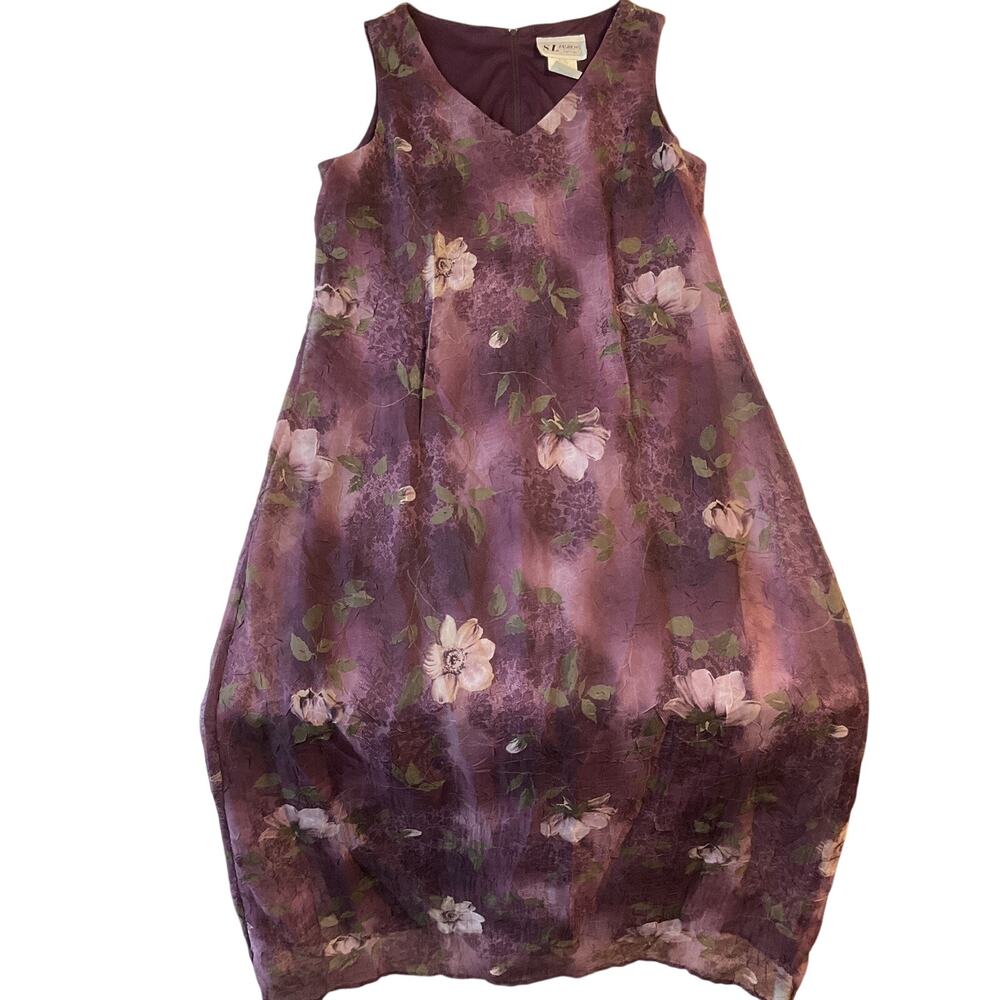 VINTAGE SL Fashions Women Maxi Dress 12P Purple Floral Sheath Chiffon V-neck